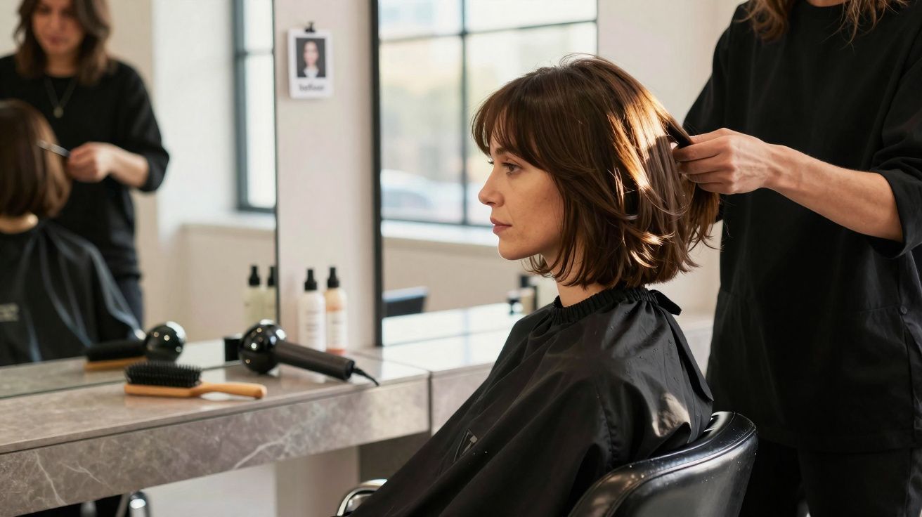 Mulher sentada em cadeira de salão de beleza recebendo corte de cabelo de cabeleireiro.