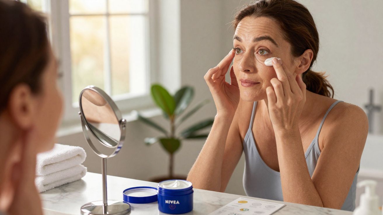 Mulher aplicando creme facial ao redor dos olhos em frente ao espelho no banheiro.