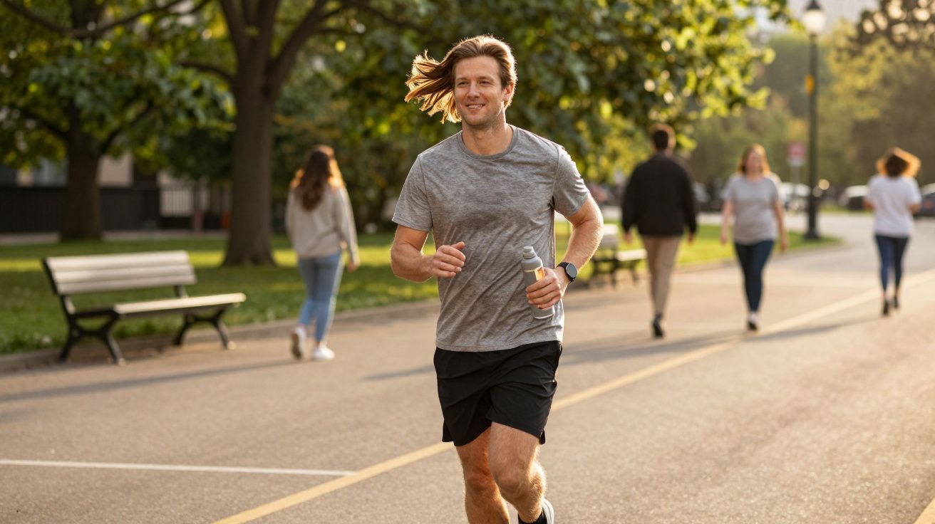Homem sorridente correndo em parque com camiseta cinza e shorts pretos segurando garrafa d’água.