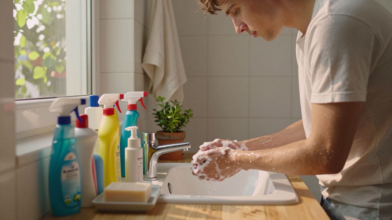 Jovem lavando as mãos com sabão na pia de banheiro com várias garrafas de produtos ao lado.