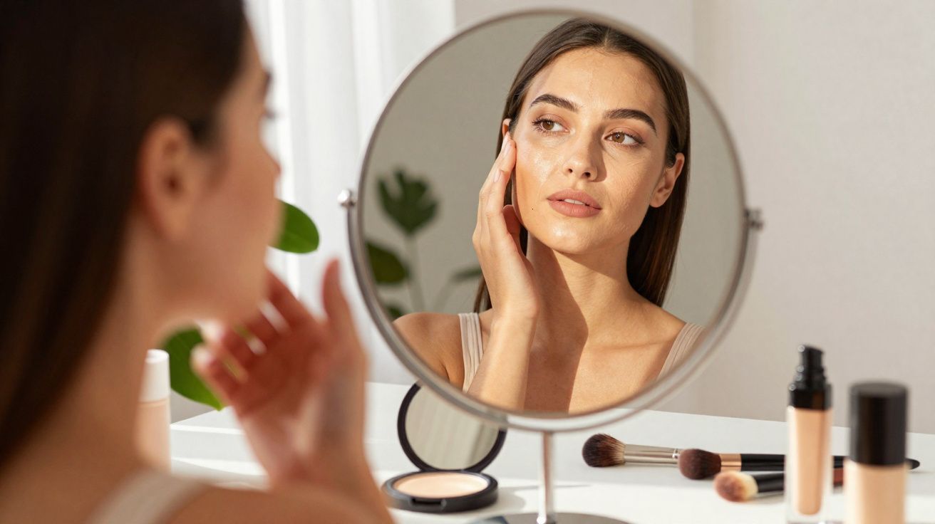Mulher aplicando creme facial enquanto se olha no espelho de mesa, com produtos de maquiagem ao redor.