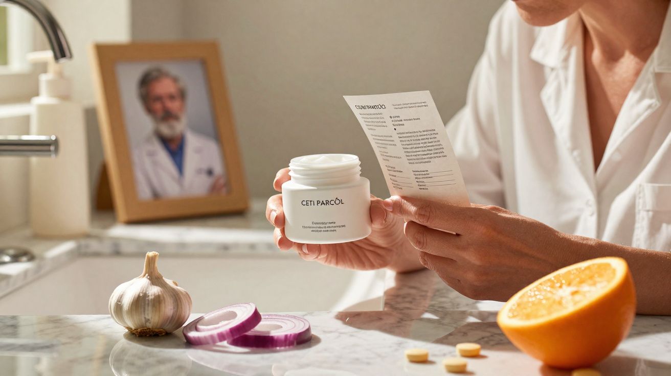 Pessoa segurando pote e bula de medicamento em bancada com alho, cebola, laranja e remédios.