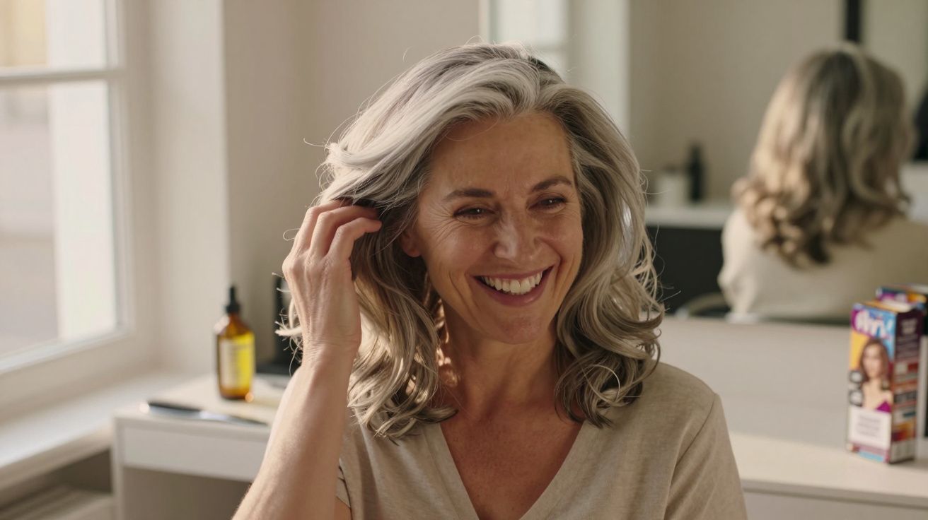 Mulher sorridente com cabelo grisalho, tocando os fios, em ambiente iluminado com espelho ao fundo.
