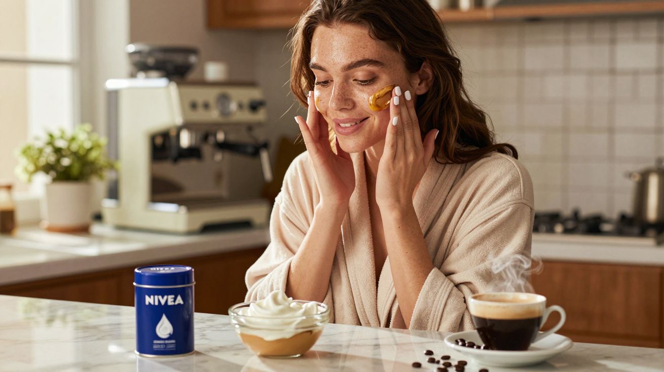 Mulher aplica creme facial sentada à mesa de cozinha com café, creme e pote da Nivea azul.