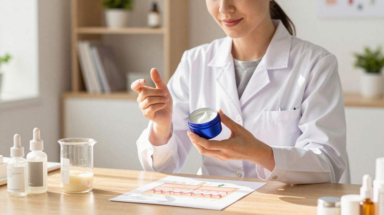 Mulher em jaleco segurando pote de creme em laboratório com frascos e gráficos sobre a mesa.