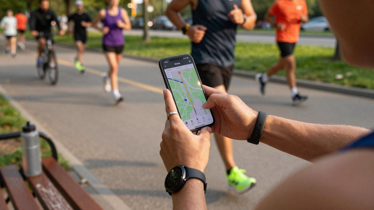 Pessoa segurando celular com mapa aberto enquanto outras pessoas correm em parque urbano.