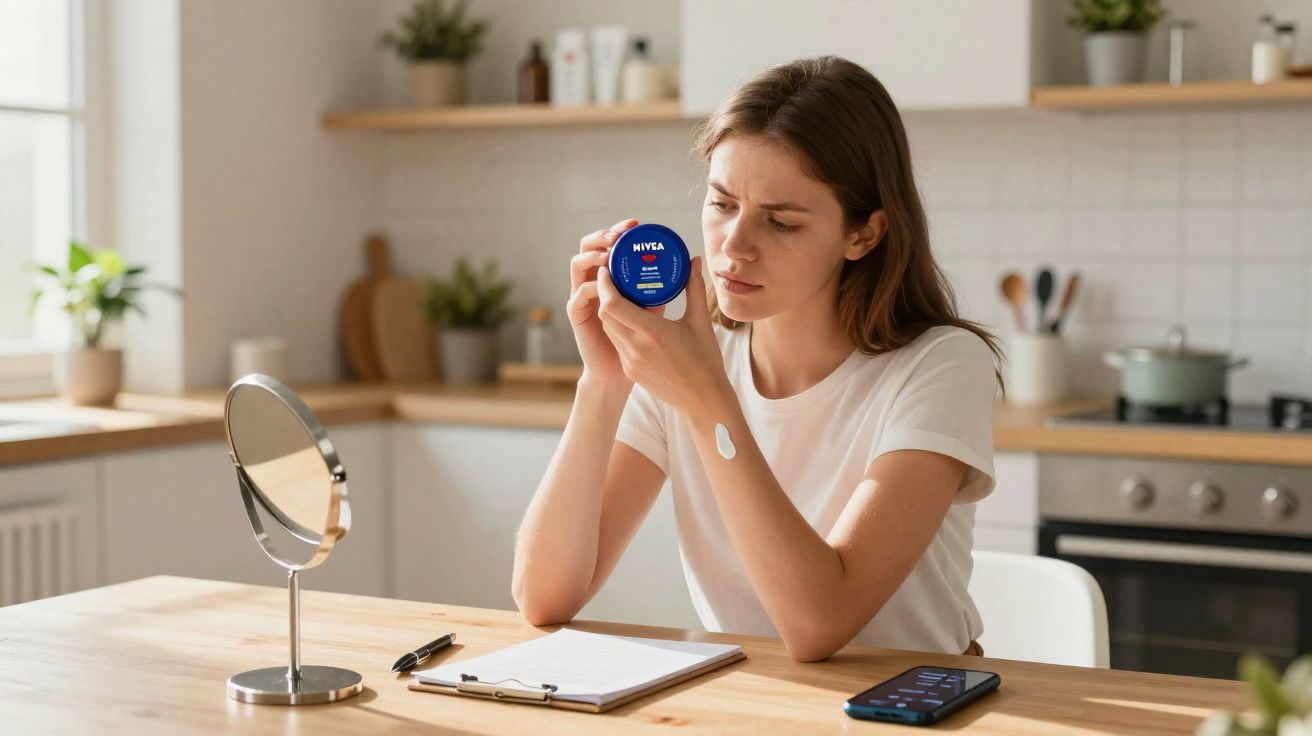 Mulher aplicando creme Nivea no braço, observando o produto em cozinha clara e moderna.