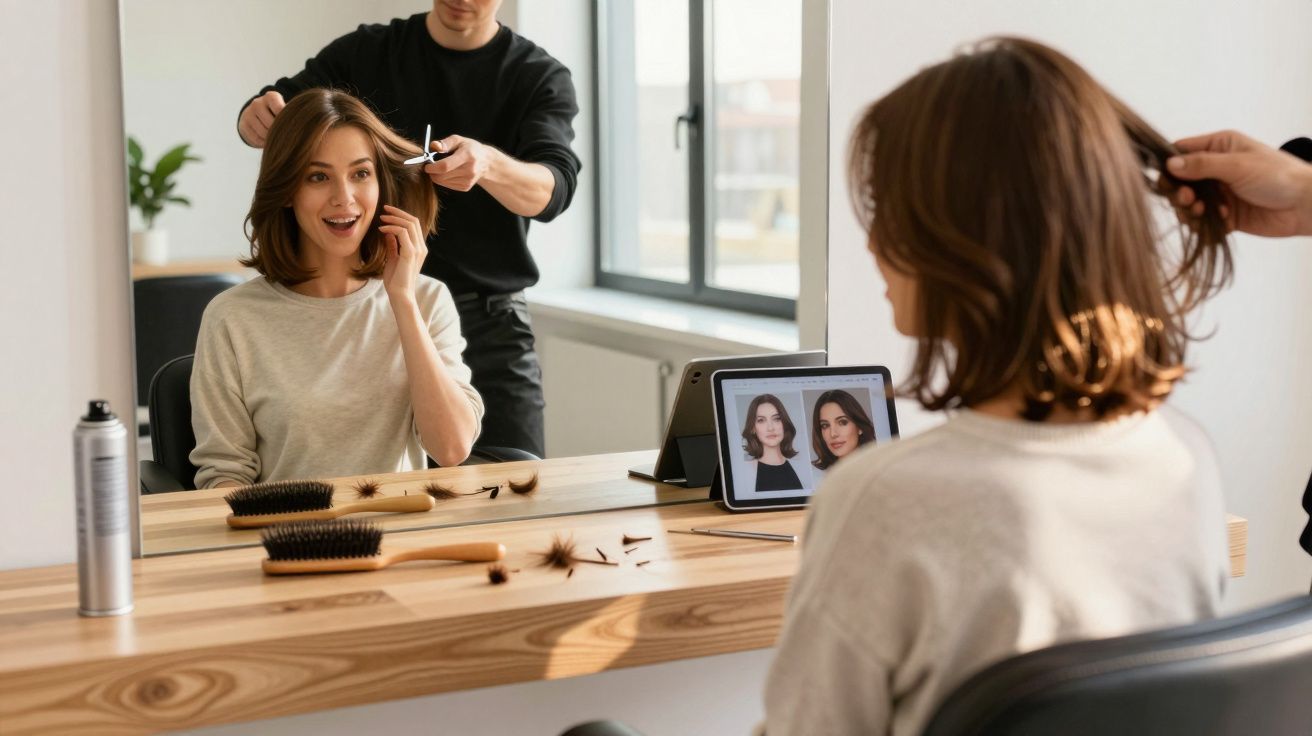 Mulher no salão de beleza sorrindo enquanto cabeleireiro corta seu cabelo na frente do espelho.