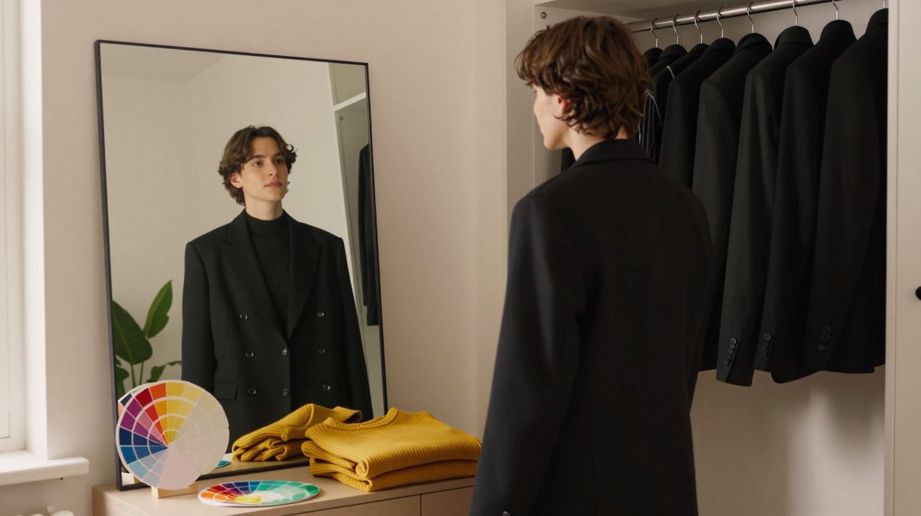 Jovem com blazer preto olhando para o espelho em quarto com guarda-roupa e amostras de cores.