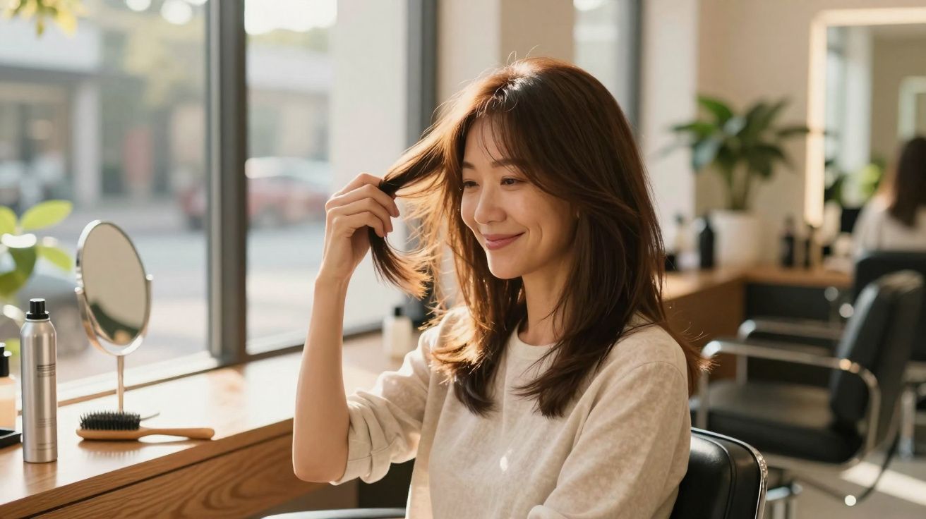 Mulher sorrindo sentada em salão de beleza, mexendo no cabelo, com luz natural entrando pela janela.
