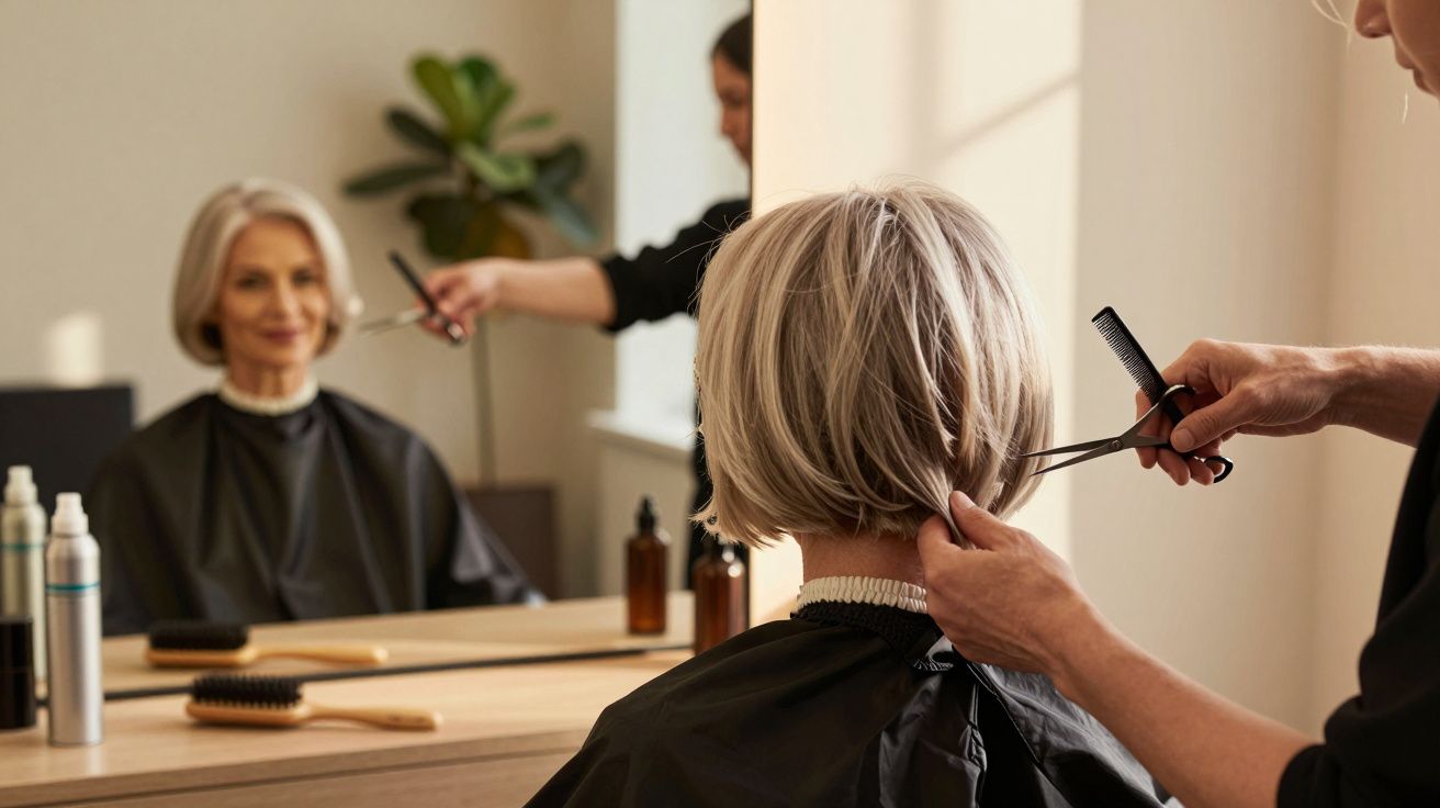 Mulher loira com cabelo curto sendo cortada por cabeleireiro em salão com espelho e produtos no balcão.