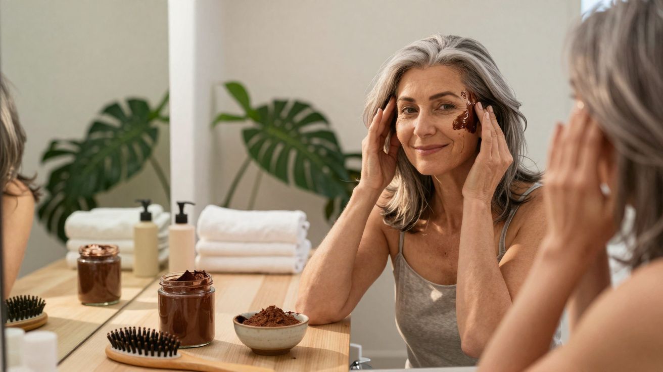 Mulher madura aplicando máscara facial de argila marrom com sorriso, em frente ao espelho do banheiro.