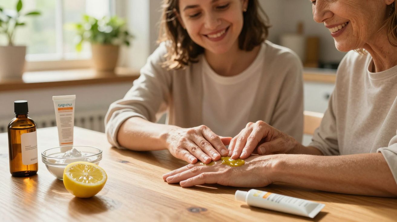 Duas mulheres aplicando óleo e cremes naturais nas mãos em ambiente aconchegante e iluminado.