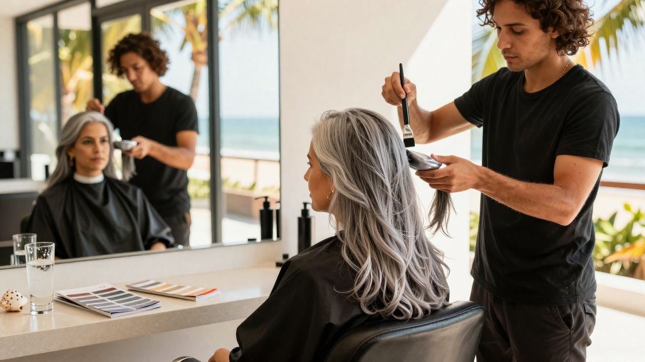 Cabeleireiro aplicando tinta em cabelo grisalho de mulher em salão com vista para o mar.