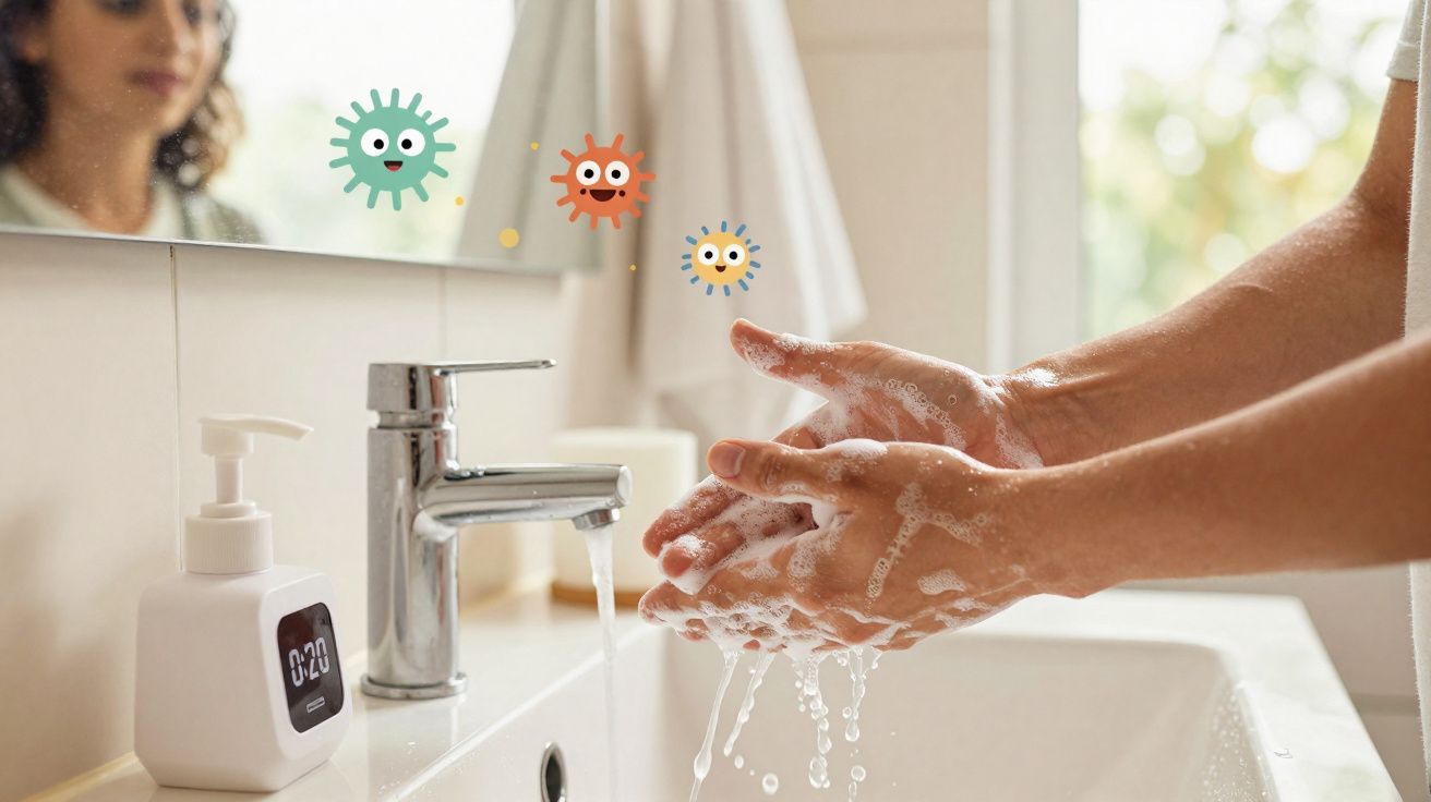 Pessoa lavando as mãos com sabão na pia, com ilustrações de vírus animados no espelho.