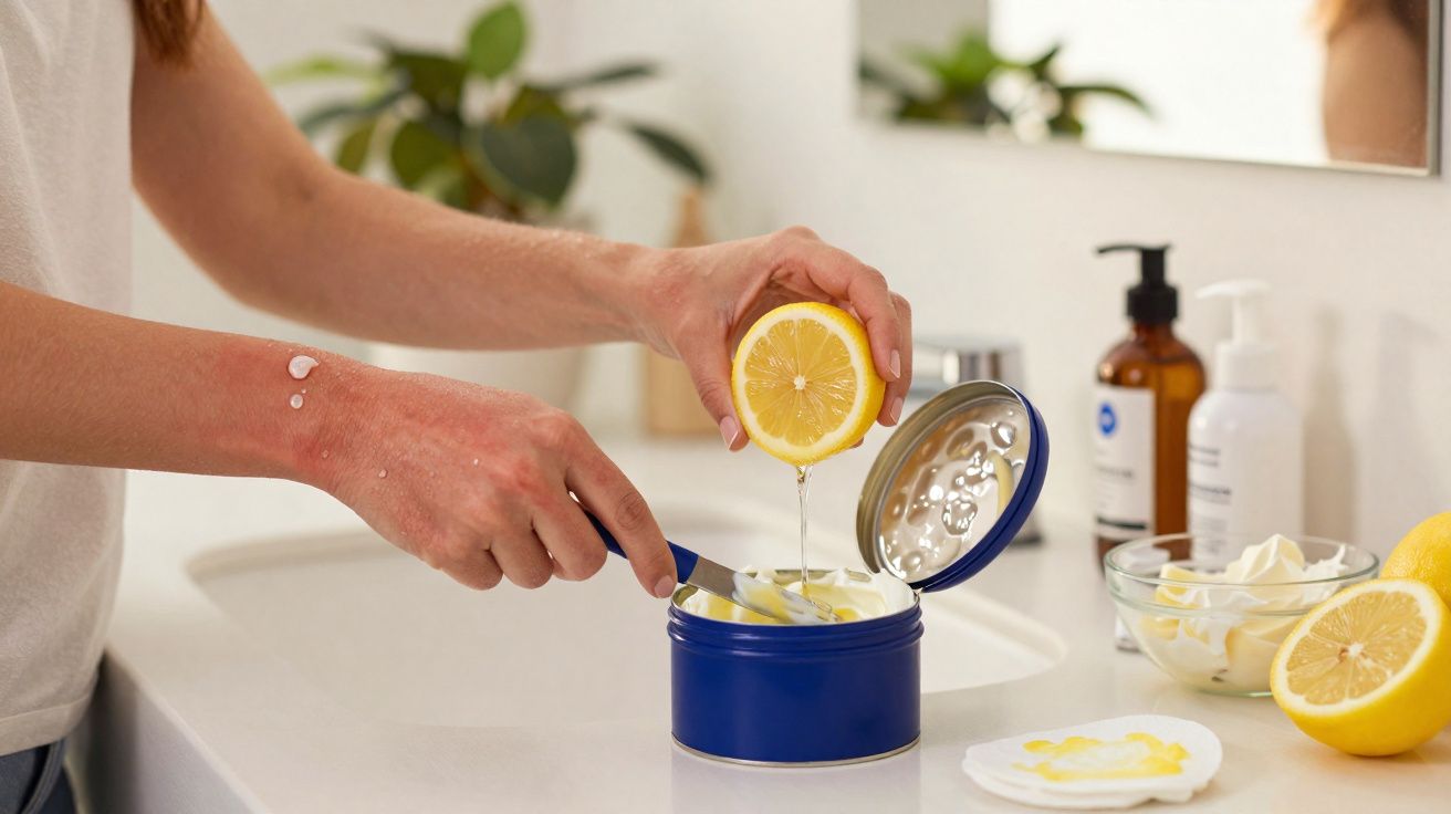 Pessoa espremendo limão em creme cosmético azul sobre bancada de banheiro com produtos e espelho ao fundo.