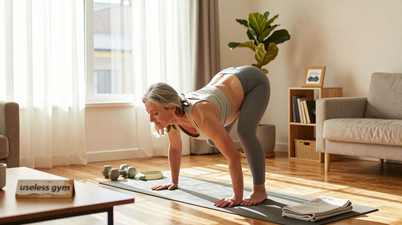 Mulher madura fazendo exercício de alongamento em tapete de yoga em sala iluminada por luz natural.