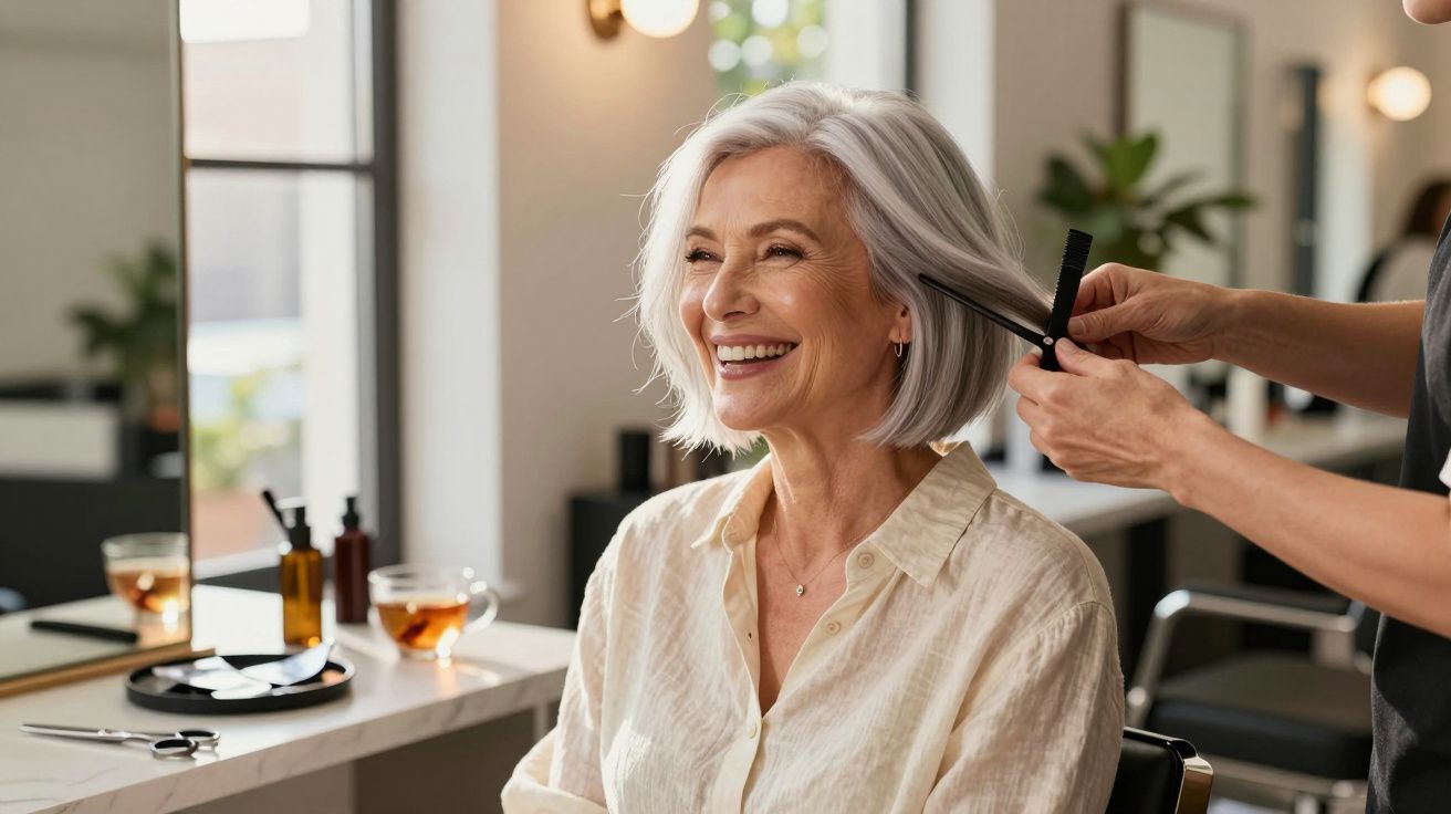 Mulher sorridente de cabelos grisalhos sendo penteada em salão de beleza moderno e iluminado.