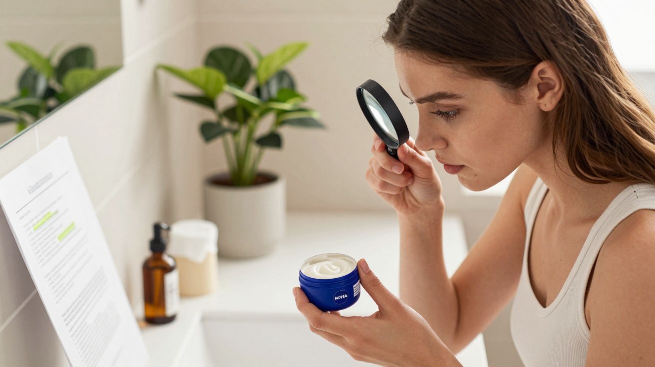 Mulher examinando creme facial Nivea com lupa em banheiro branco, plantas e produtos ao fundo.