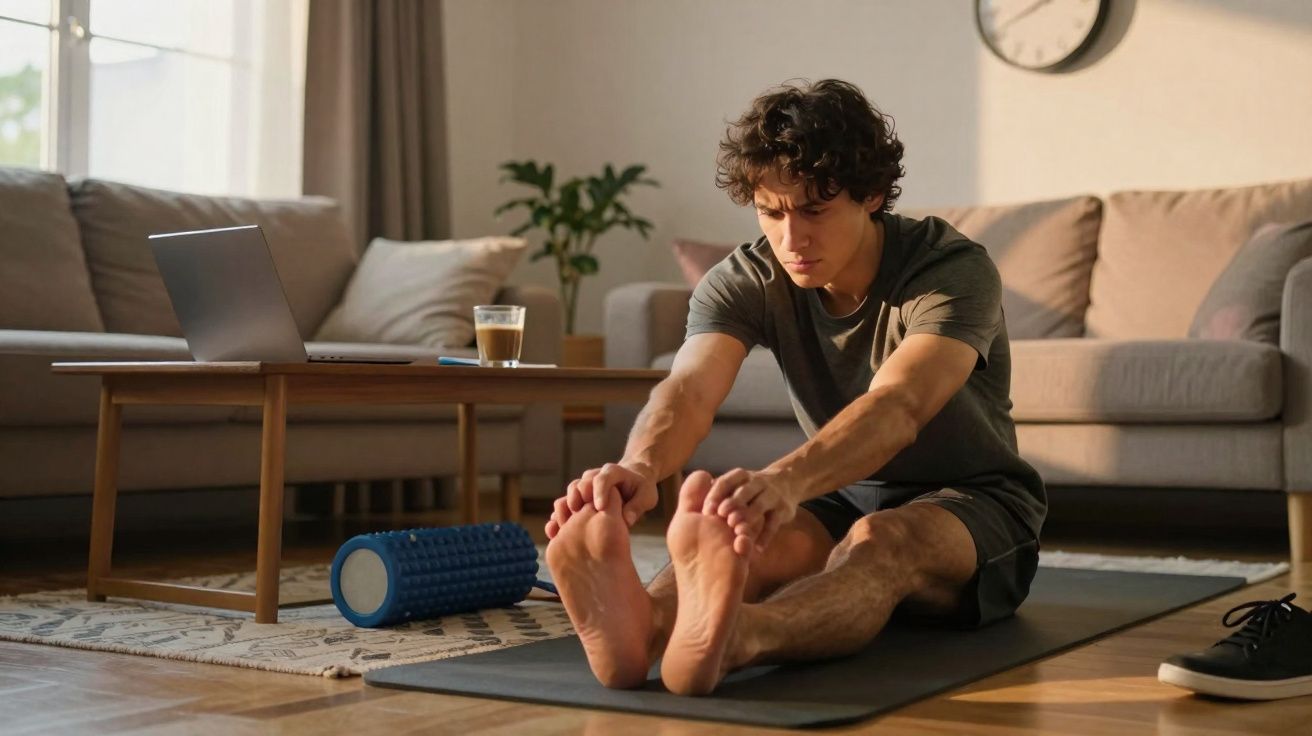 Homem jovem fazendo alongamento sentado em tapete yoga na sala de estar com laptop e rolo de espuma ao lado.