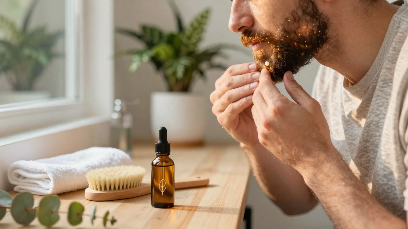 Homem espremendo espinha na barba com óleo, escova e toalha sobre bancada de madeira.