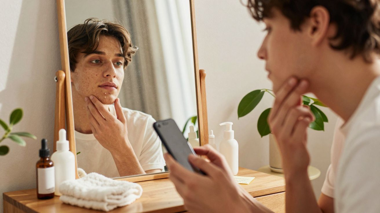 Homem jovem observa acne no rosto enquanto segura celular diante de espelho em quarto iluminado.