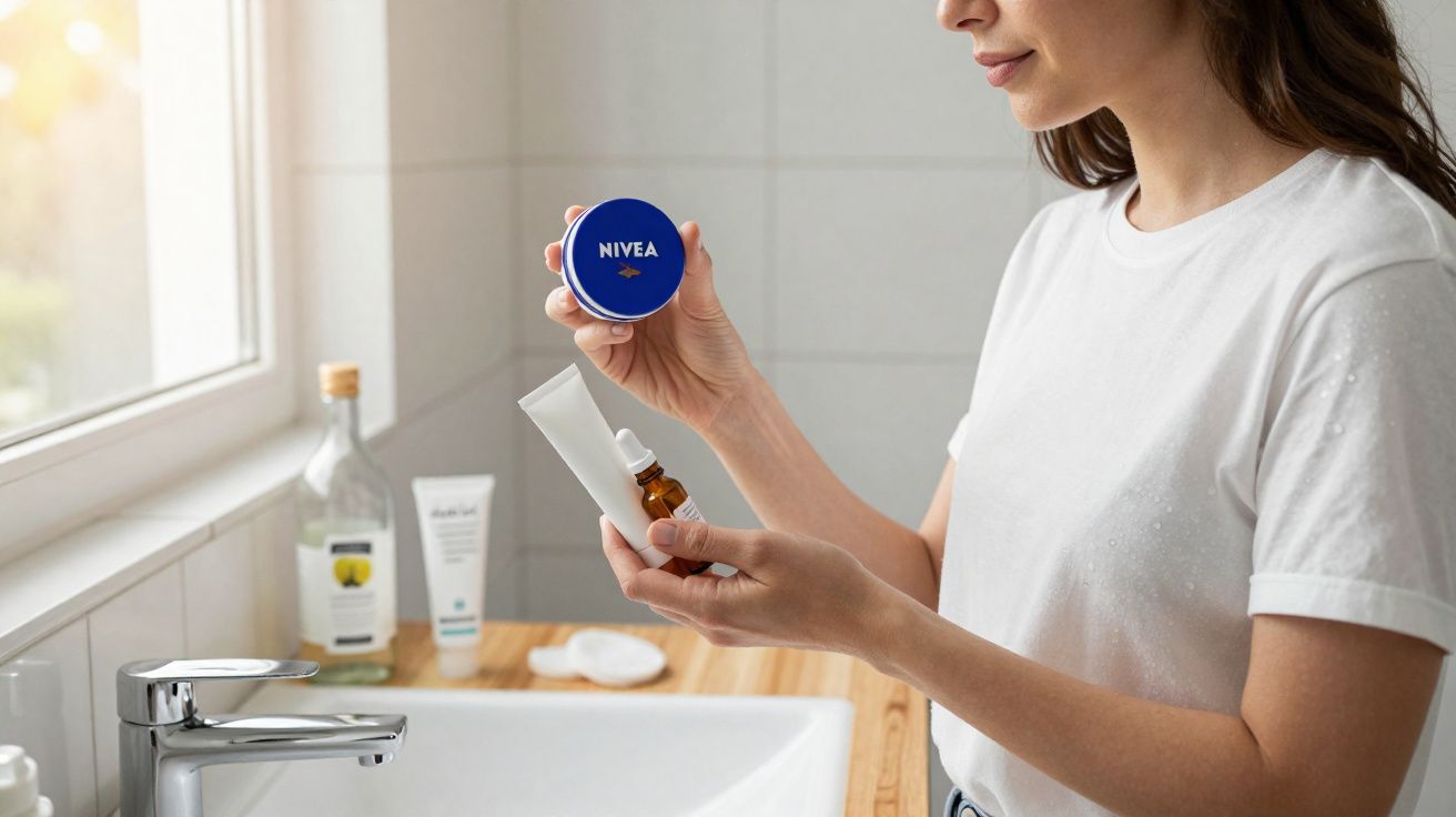 Mulher segurando creme Nivea e outros produtos de cuidados pessoais no banheiro junto à pia.