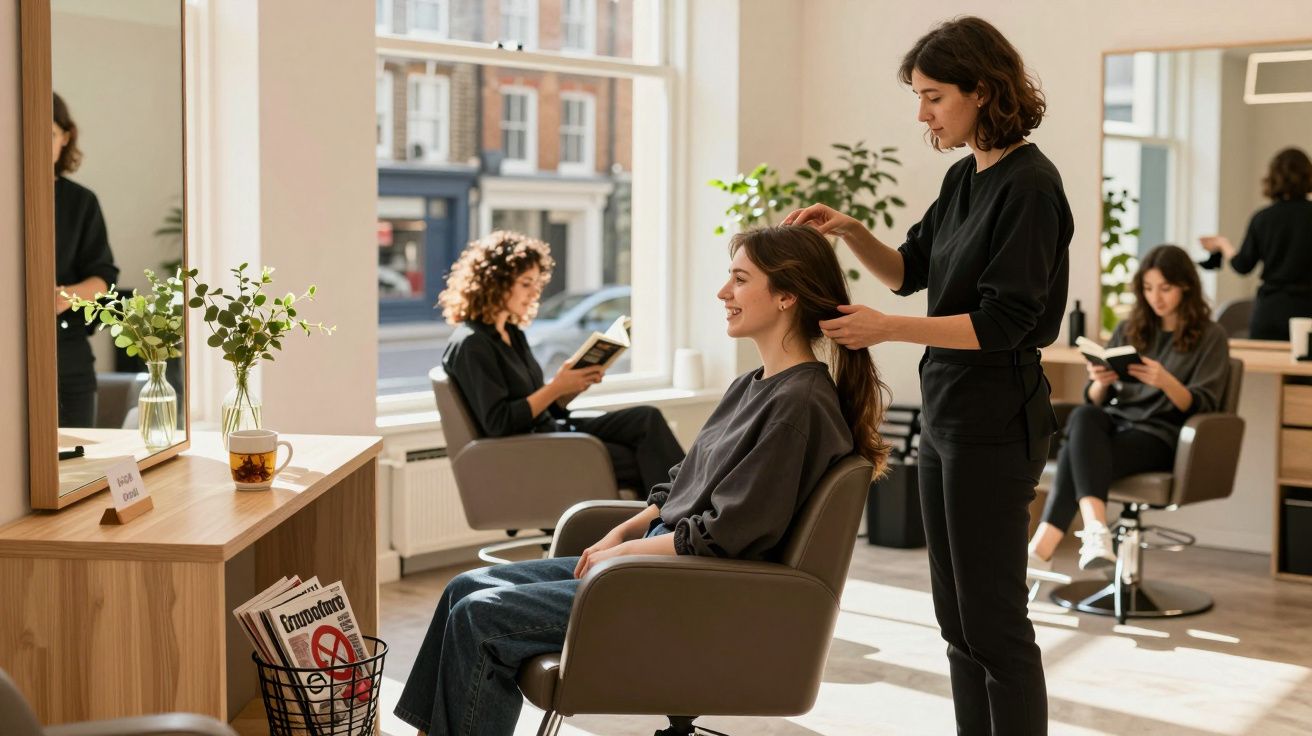 Mulher recebe penteado em salão de beleza enquanto outra lê livro em ambiente iluminado e moderno.