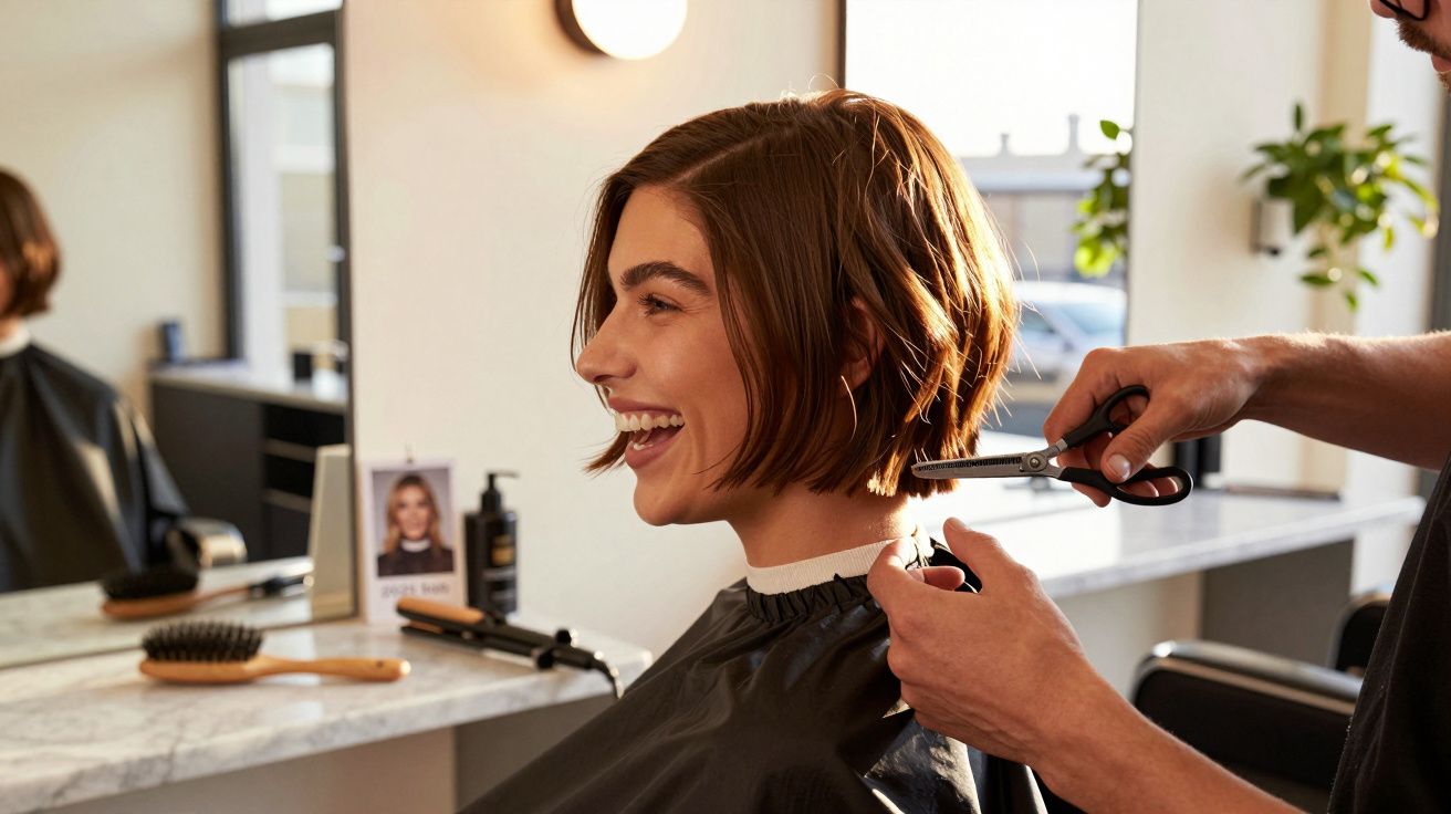 Mulher sorrindo cortando cabelo curto em salão moderno, com cabeleireiro cortando atrás da nuca.
