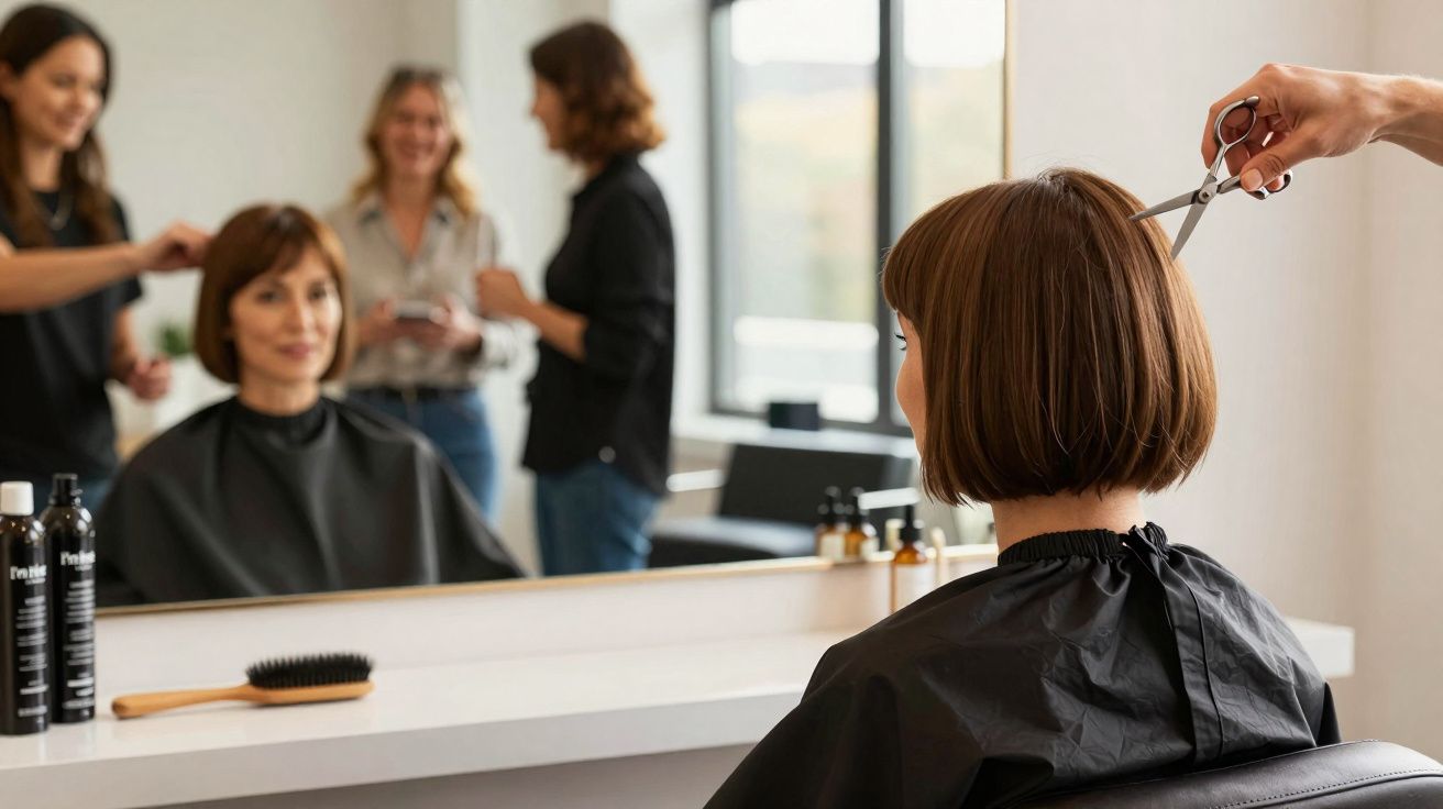 Mulher de cabelo curto sentada em salão, recebendo corte enquanto profissionais conversam ao fundo.