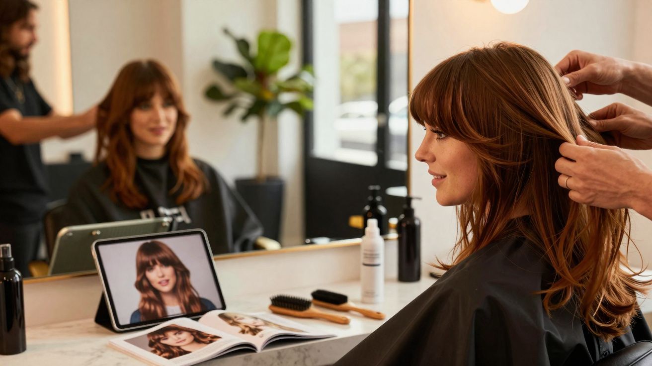 Mulher com cabelo ruivo em salão de beleza, sendo arrumada por cabeleireiro, com tablet e revista na frente.