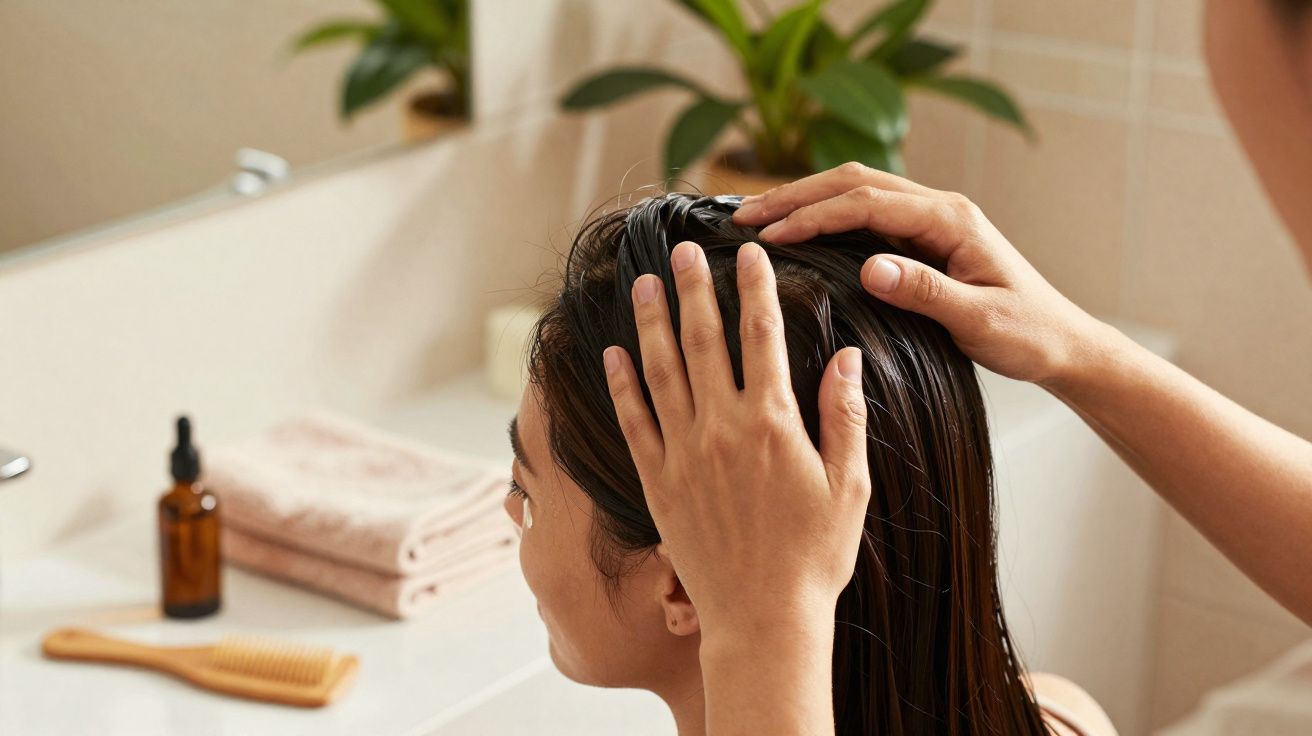 Pessoa aplicando óleo capilar no cabelo molhado em banheiro com toalhas e pente ao fundo