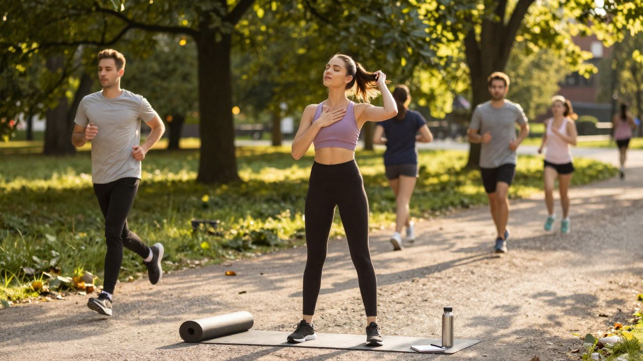 Mulher alongando-se em parque, com tapete, garrafa e outros três corredores passando atrás dela.