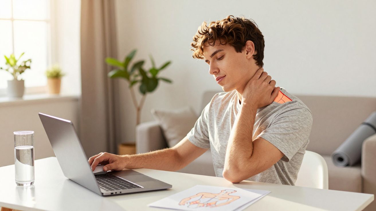 Homem jovem senta em mesa com laptop e toca pescoço, demonstrando desconforto, ao lado de desenho anatômico.