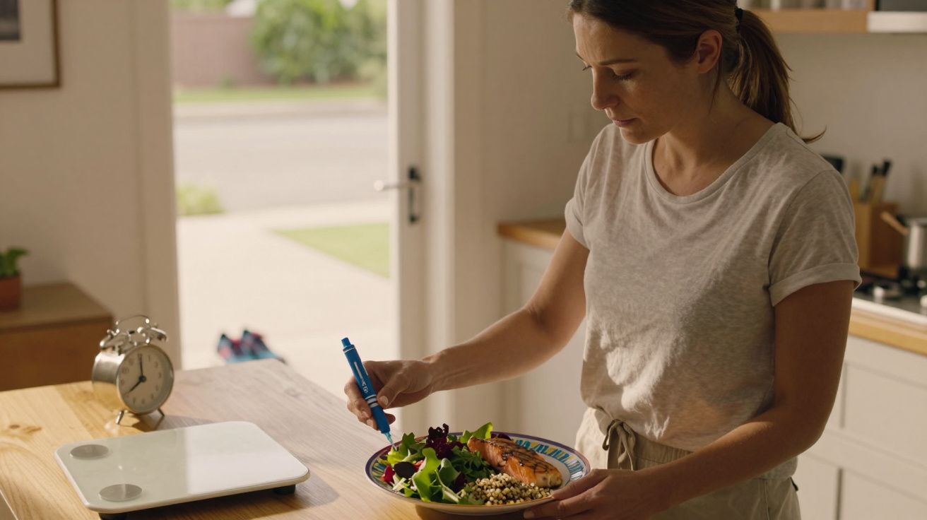 Mulher segurando prato com salada e salmão, cozinha ao fundo com balança e relógio sobre bancada.