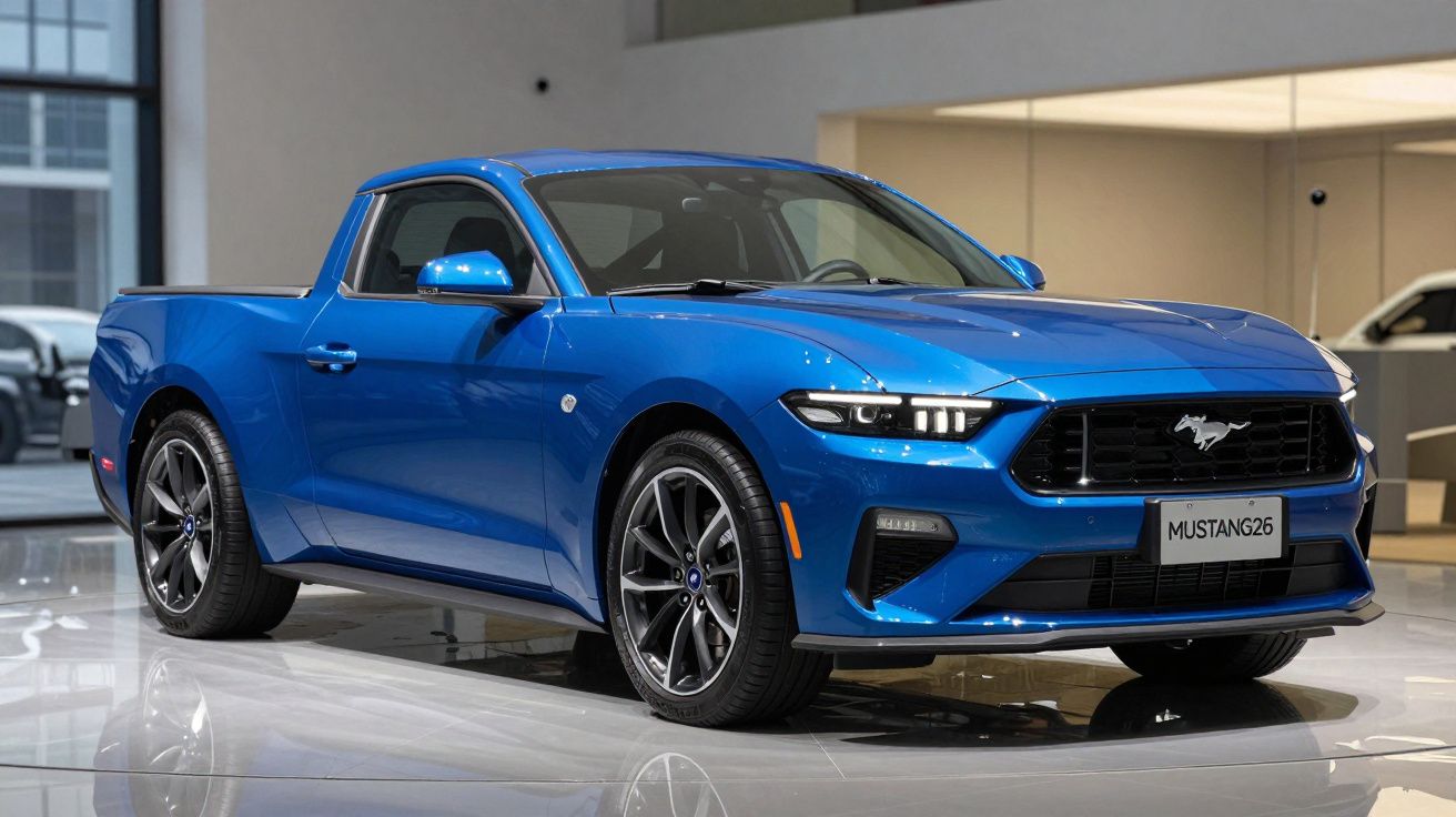 Picape Ford Mustang Mach 1 azul exibida em showroom com teto fechado e rodas esportivas.