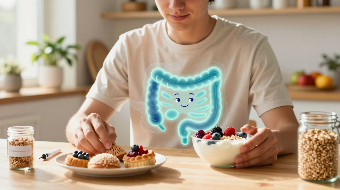 Pessoa com destaque gráfico do intestino saudável comendo sobremesas e iogurte com frutas na cozinha.