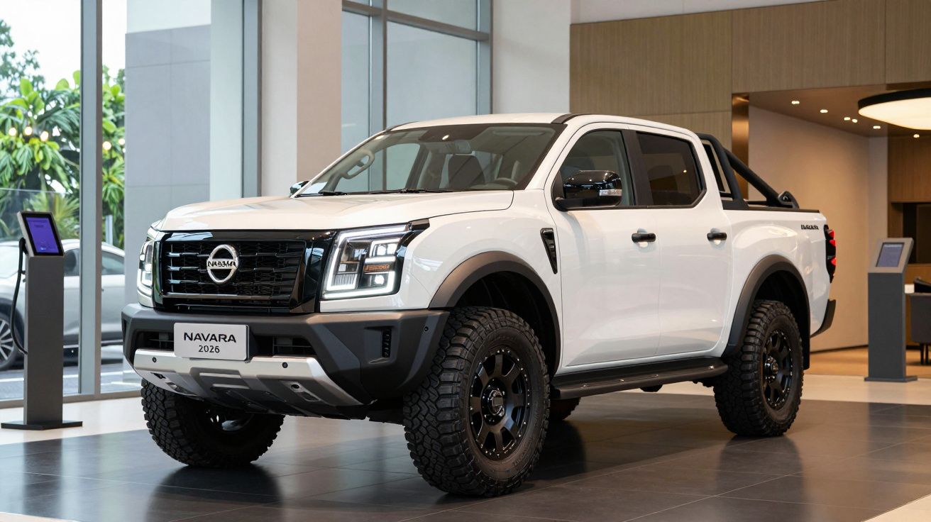 Picape Nissan Navara 2026 branca exposta em showroom moderno com grandes janelas.