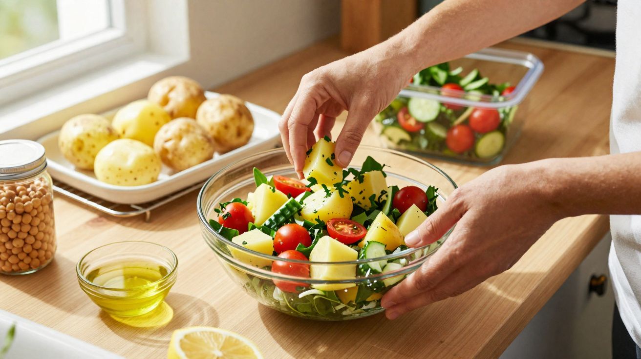 Mãos preparando salada com batata, tomate cereja e pepino em tigela de vidro sobre bancada de cozinha.
