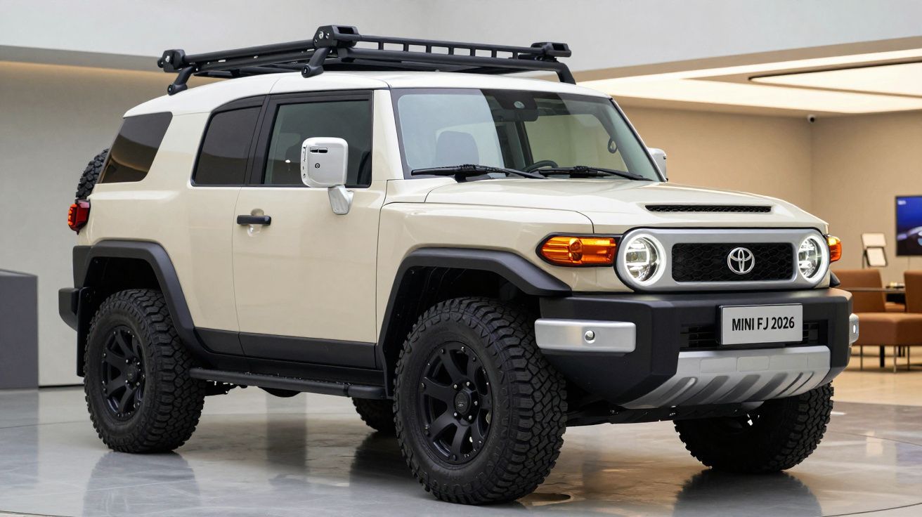 SUV Toyota branco com pneus robustos e bagageiro de teto exibido em espaço interno moderno.