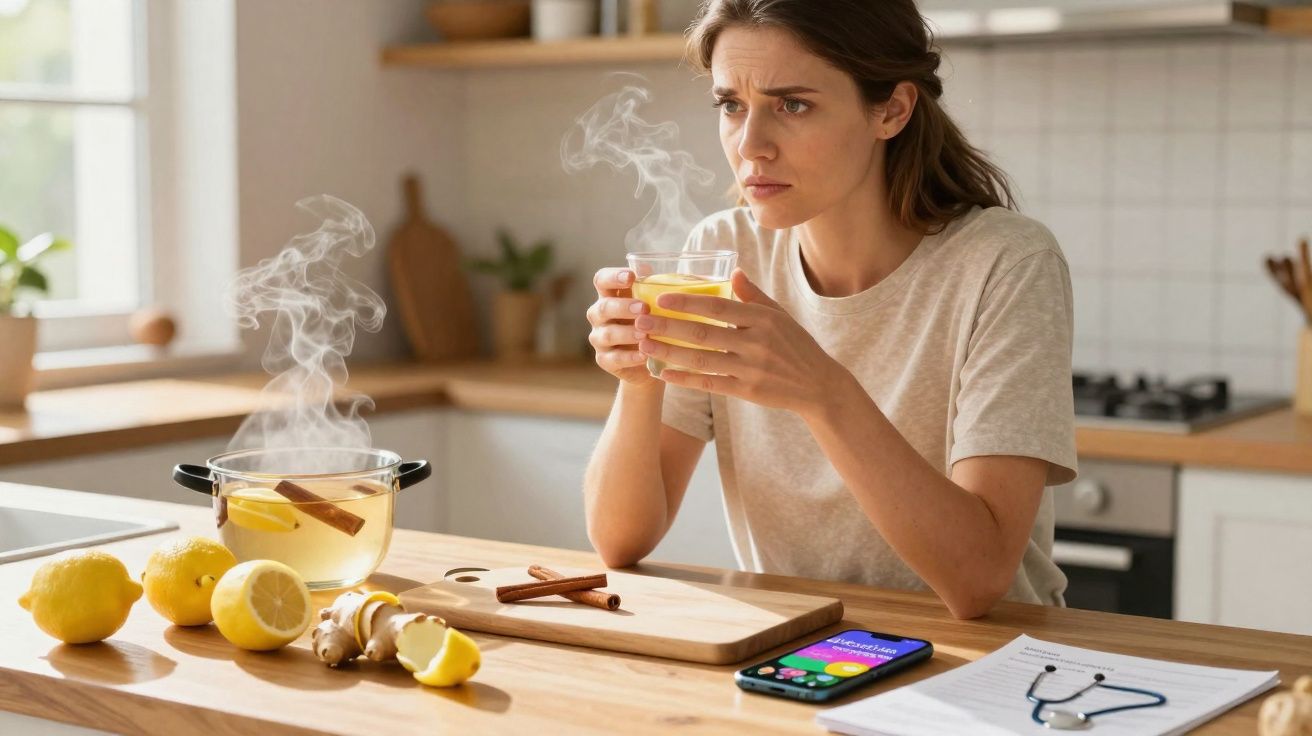 Mulher olhando preocupada para chá quente na cozinha com limões, gengibre, canela e celular na mesa.