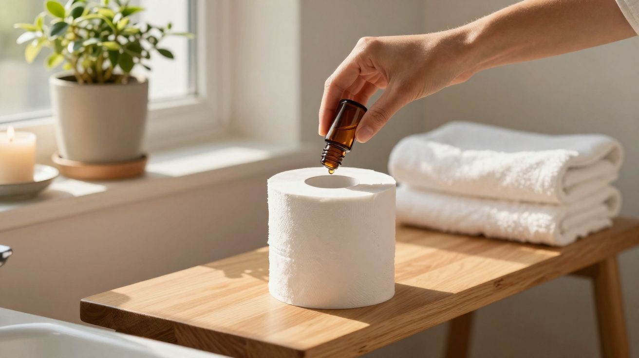 Pessoa pingando óleo essencial em papel toalha, sobre bancada de madeira com toalhas e planta.