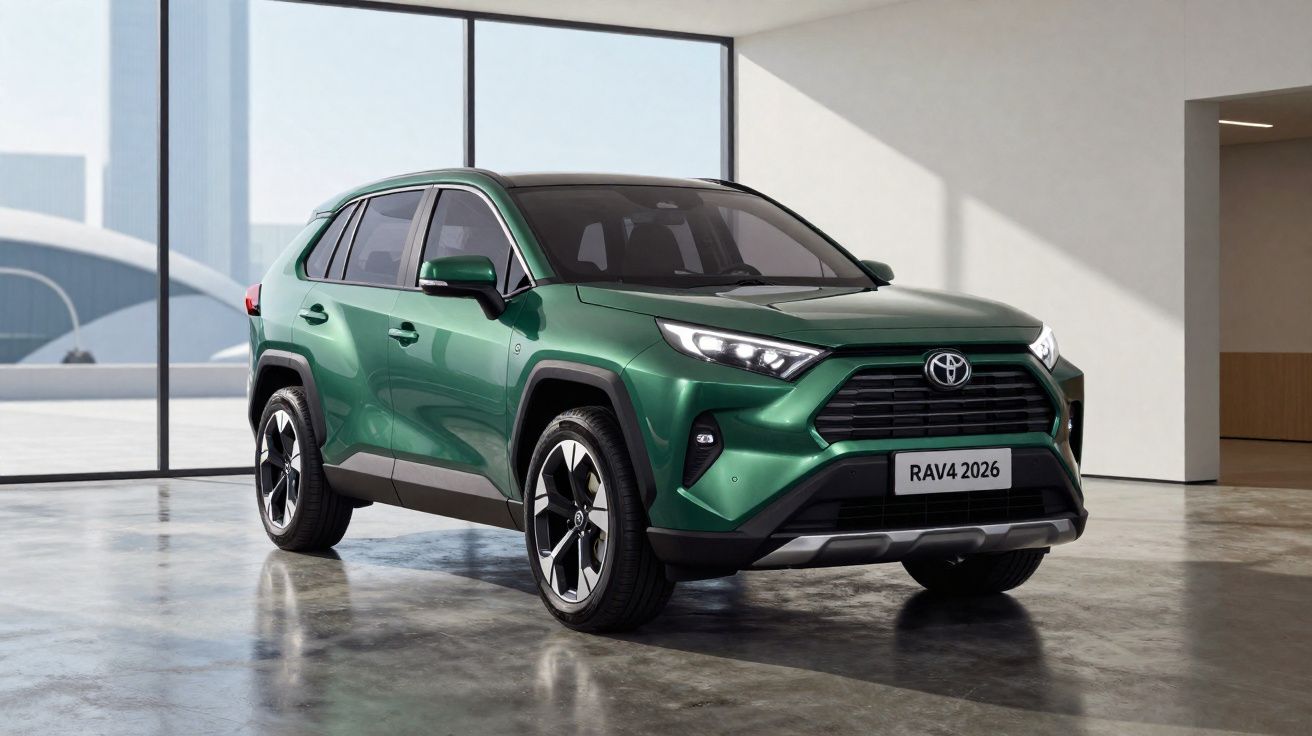 SUV Toyota RAV4 2026 verde exibido em ambiente interno moderno e espaçoso.