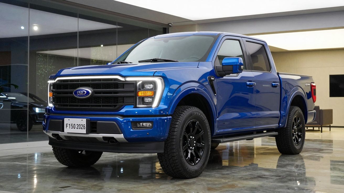 Picape azul Ford F-150 2026 estacionada em showroom moderno com piso refletivo.