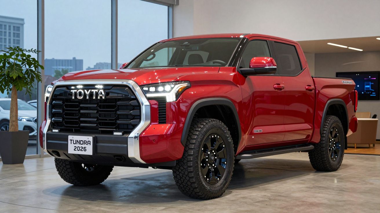 Picape Toyota Tundra 2026 vermelha exposta em showroom moderno.