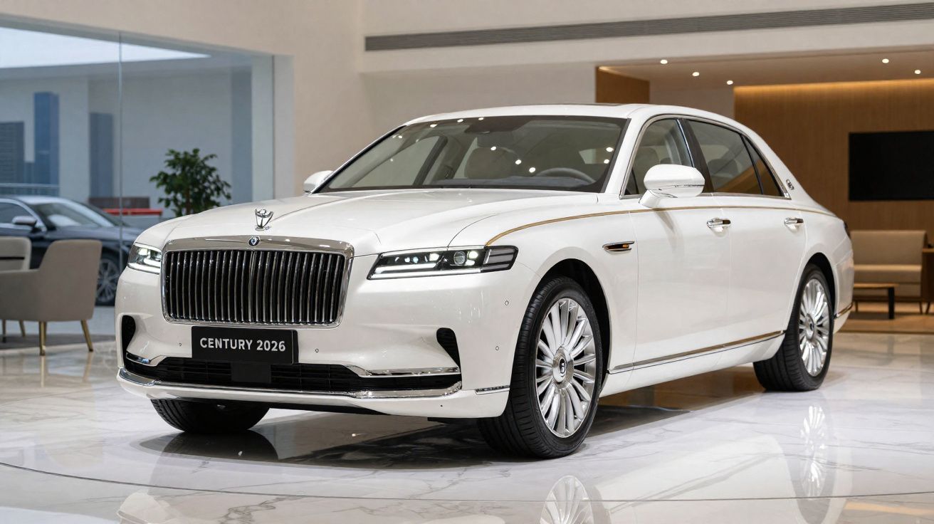 Carro de luxo branco, modelo Century 2026, exposto em showroom moderno com piso de mármore.