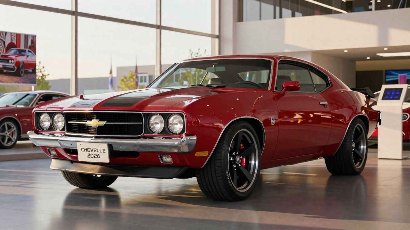 Carro esportivo Chevelle vermelho 2026 exposto em ambiente interno com luz natural.