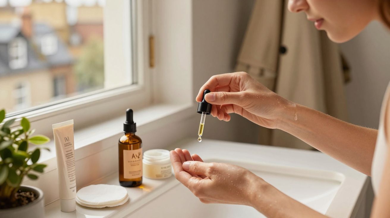 Pessoa aplicando sérum facial com conta-gotas perto da janela, ao lado de produtos de skincare e planta.