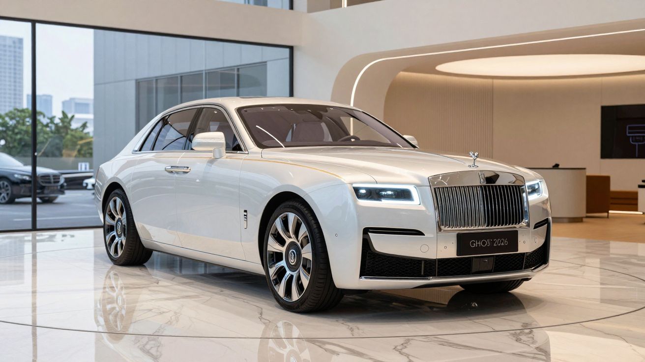 Carro de luxo Rolls-Royce Ghost prata exibido em showroom moderno com piso de mármore.