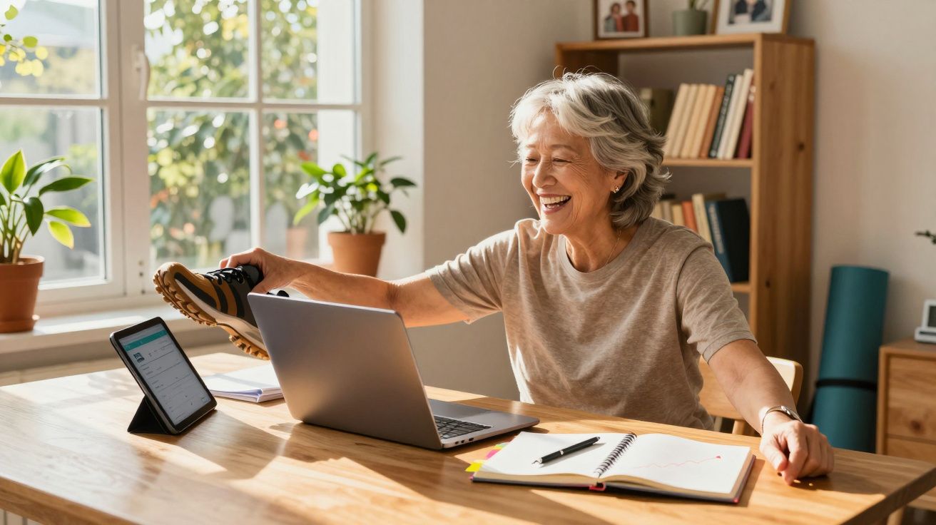 Mulher sorridente usando tênis enquanto assiste aula online em tablet com laptop e caderno na mesa.